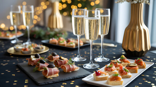 Champagne Toast and Gourmet Delights: An elegant scene of celebration featuring champagne flutes and an assortment of appetizers, perfect for a festive occasion.