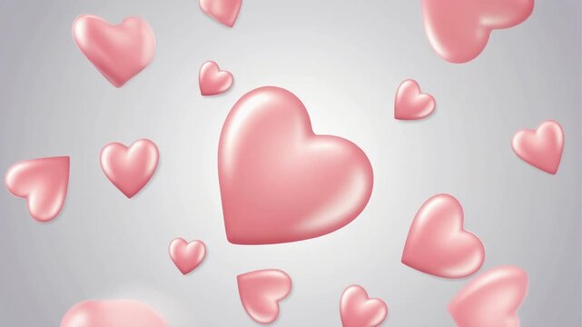 Multiple pink 3D heart shapes floating in mid-air with soft, shiny texture and light reflection on a grey gradient background, love, valentines, romantic, whimsical scene