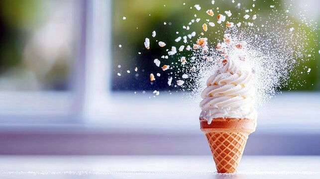 A vanilla soft serve ice cream cone is captured in motion as toppings burst upwards in a delightful explosion.