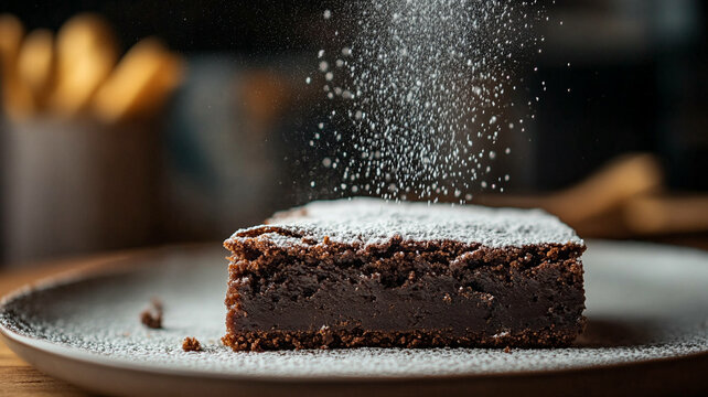 Close-up of a rich, fudgy chocolate brownie being dusted with a shower of white powdered sugar on a plate.