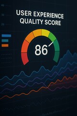 Fototapeta premium Customer experience interaction data concept. User experience quality score displayed on a gauge with data visualization.