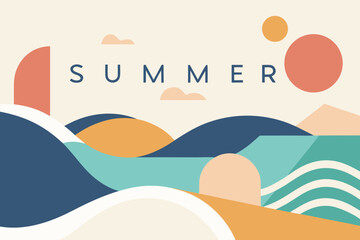 Vibrant abstract summer illustration with layered waves, hills, and sun shapes. Modern colorful design ideal for travel, lifestyle, seasonal campaigns, posters, digital ads, and marketing projects.