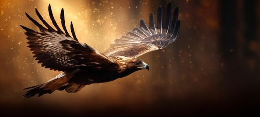 Golden Eagle Flying with Open Wings and Shiny Plumage in Sky, Conceptual Sustainability and Environmental Theme