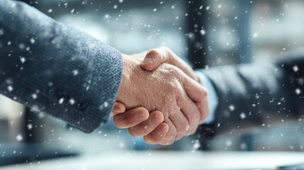 Business handshake on snowy winter background, corporate partnership deal, cold weather meeting, successful agreement concept, professional connection