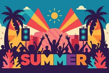Vibrant outdoor summer festival scene with cheering crowd, palm trees, bold speakers, and colorful geometric backdrop. Energetic hues evoke music, celebration, togetherness, and sunny party vibes.