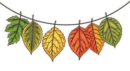 A detailed illustration of colorful autumn leaves hanging on a string, showcasing seasonal beauty.