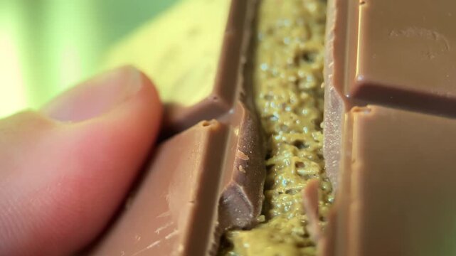 Dubai chocolate close-up macro, chocolate bar breaking, sweets with filling, kataifi dough and pistachio paste