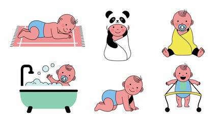 A collection of six adorable illustrations depicting babies in various everyday activities and poses.