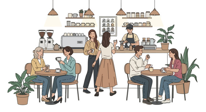 Illustration of a bustling coffee shop interior with customers and a barista preparing drinks.