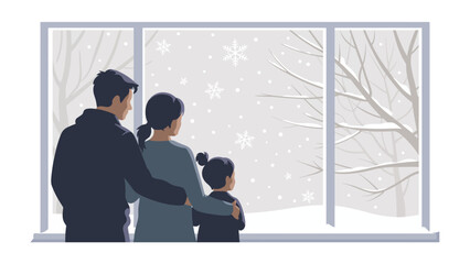 Winter Wonderland Family: A family stands together, gazing out a window at a serene winter landscape. Snowflakes gently fall, creating a peaceful scene of togetherness and seasonal beauty. © Murshida