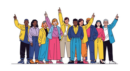 Diverse group of people pointing upwards with determination and unity, celebrating teamwork and shared success