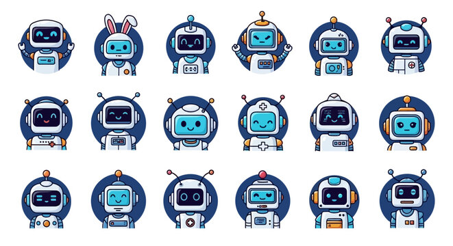 A collection of cute cartoon robot head avatars and chatbot icons set against a white background.