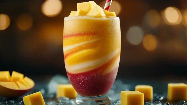 Vibrant layered mango smoothie with straw, fresh fruit chunks, and red fruit puree in glass on bokeh background, exotic summer treat.