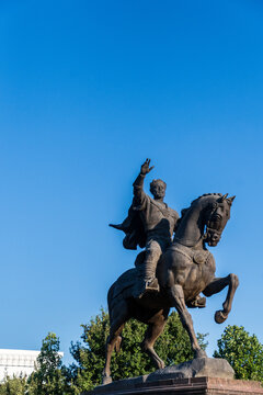 Tashkent, Uzbekistan - August 5, 2025. A close-up of the statue of Amir Temur, a historic ruler of central asia, which is on display in the city center of Tashkent.