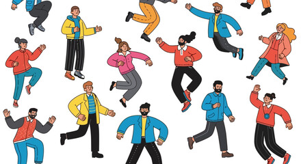 Diverse group of people in dynamic poses, some running, others jumping, against a white background.