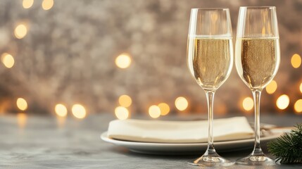 Champagne glasses filled with sparkling wine, celebrating a party or special event with festive lights and empty space for text
