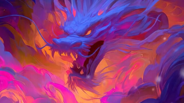 A stylized dragon's head with an open mouth, rendered in vivid purples, pinks, blues, and oranges