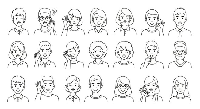 Collection of diverse people expressing various emotions and gestures in black and white line art