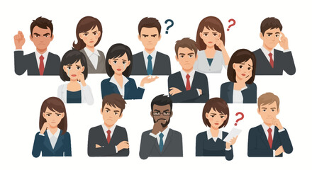 A diverse group of business people showing various negative emotions like confusion, anger, and frustration in a corporate setting.