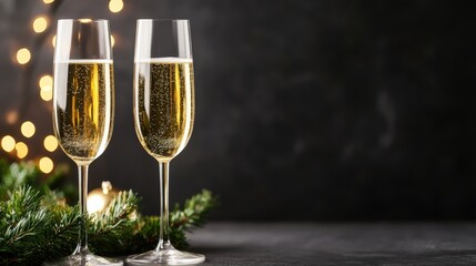 Two glasses of sparkling champagne on a dark background with festive lights, christmas tree branches, and copy space