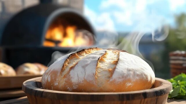 Steaming golden loaf, a delectable bakery product, emerging from the heat of an outdoor wood fired oven. Freshly prepared bread and sweet buns await in this rustic setting.