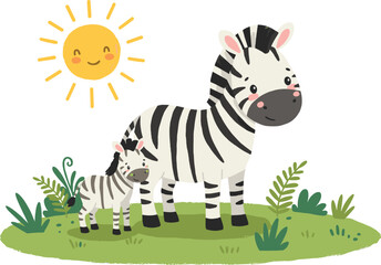 Cute cartoon zebra mother and baby standing on grass in sunshine, adorable wildlife illustration, happy animal family vector art