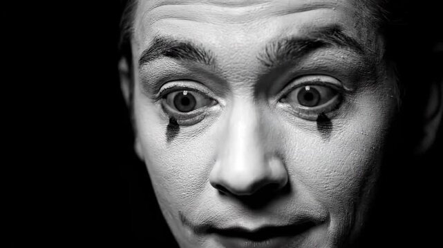 A mime with theatrical makeup making expressive facial expressions