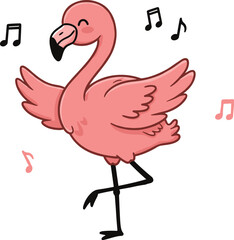Cute dancing flamingo cartoon illustration, happy pink bird with music notes, tropical summer animal art, fun and joyful vector design