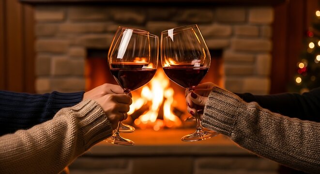 Cheers with red wine by the fireplace - Powered by Adobe