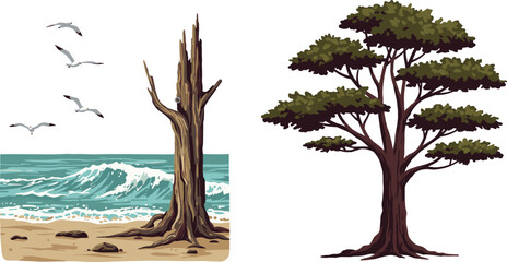 Dead tree on beach with flying seagulls and green forest tree symbolizing nature contrast, life, decay, ocean environment, ecosystem balance