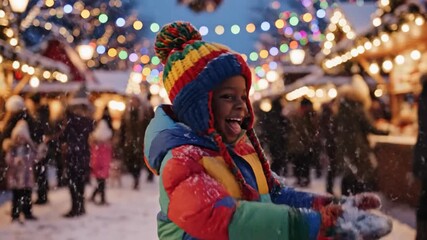Young child in colorful winter coat enjoys festive atmosphere, vibrant lights and decorations create joyful holiday scene, snow enhances the magical winter wonderland vibe