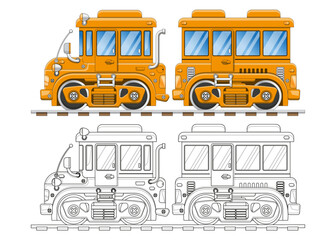 Funny yellow train. Coloring. Isolated on white background. Side view. Vector illustration.