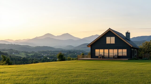 Contemporary home with deck on a grassy hill, offering panoramic views of rolling mountains and valley at golden hour