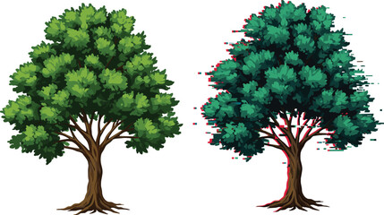 Naklejka premium Realistic green tree beside digital glitch effect tree symbolizing technology versus nature, modern contrast, digital art, environment transformation concept
