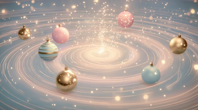 Abstract Christmas ornaments floating in a spiral of light and sparkles - Powered by Adobe