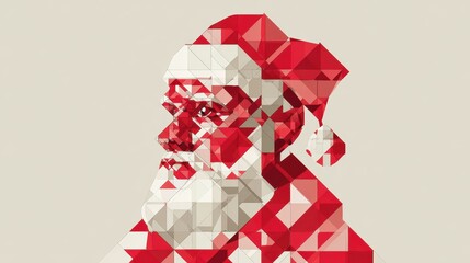 Geometric Santa Claus portrait in red and white on a neutral background