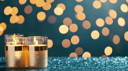 Burning candles in shimmering glitter holders on a sparkling surface with golden bokeh lights, creating a celebratory backdrop