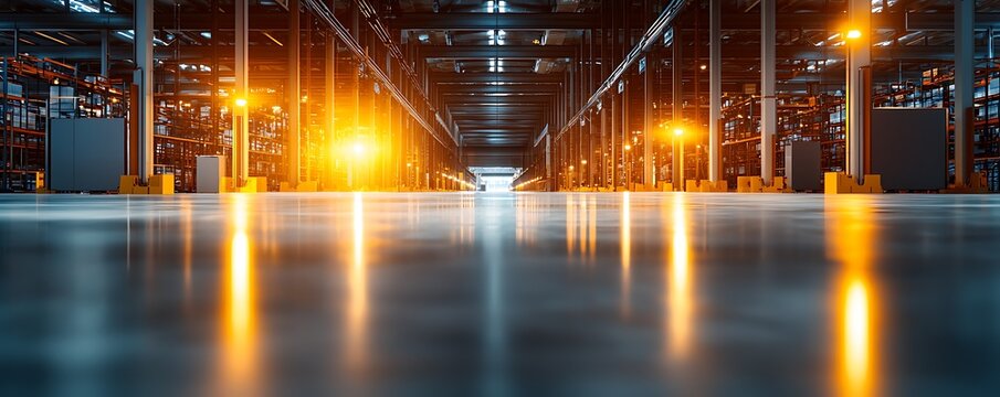 A spacious warehouse interior featuring organized storage shelves and bright lighting, showcasing an industrial space ideal for logistics and operations.