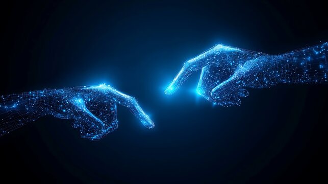 A captivating digital representation of two hands reaching out to connect, symbolizing technology, creativity, and human interaction in a futuristic realm.