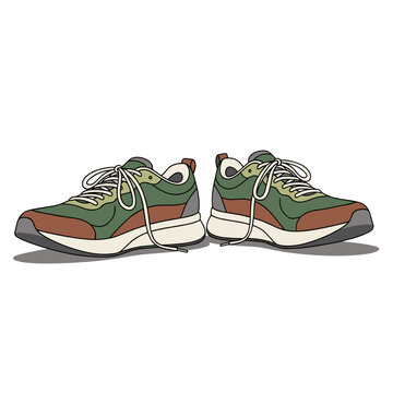 Running shoes in green and brown color on white background  