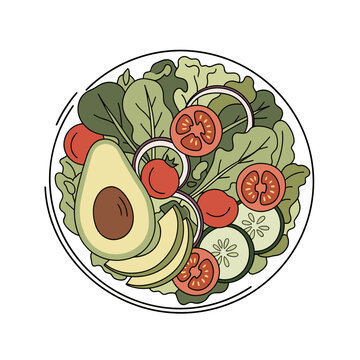Colorful salad bowl with avocado, tomatoes, and leafy greens  