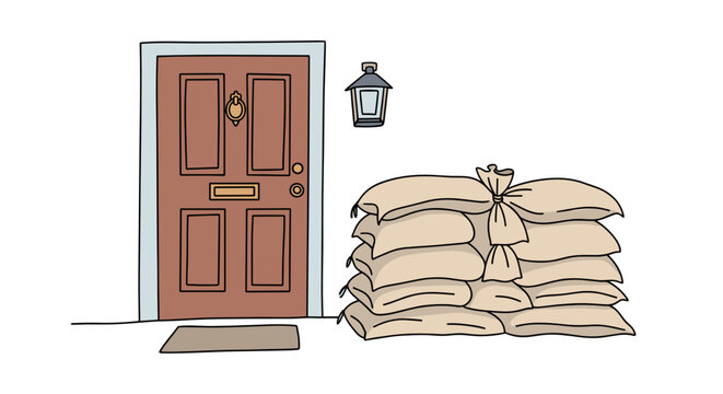 Sandbags stacked by front door with lantern and mat  