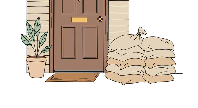 Sandbags stacked by front door next to potted plant and mat  