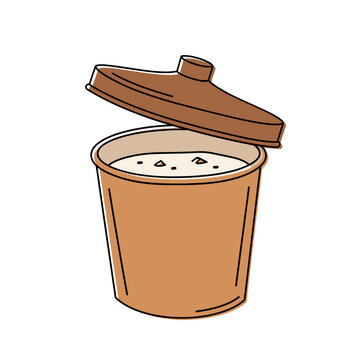 Takeaway soup container with lid and visible soup inside  