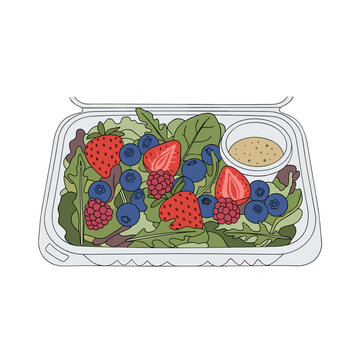 Takeaway salad with mixed greens, blueberries, and strawberries  