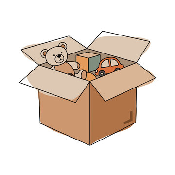 Cardboard box filled with toys including teddy bear and car  
