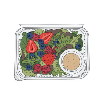Takeaway salad with strawberries, blueberries, and dressing in box  