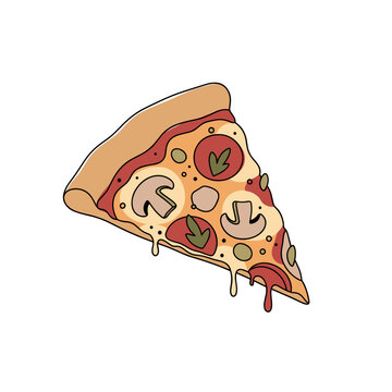 Slice of pizza topped with mushrooms and tomatoes on white background  