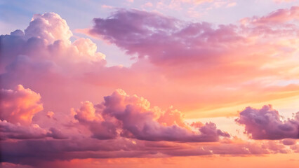 Obraz premium Serene skyscape showcasing vibrant purple and pink cumulus clouds illuminated by the soft light of a beautiful sunset