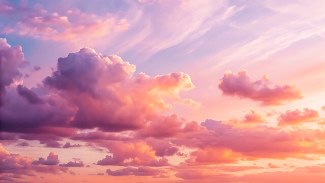 Dreamy ethereal skyscape featuring soft, cotton-like clouds in stunning shades of pink, purple, and gold at sunset - Powered by Adobe